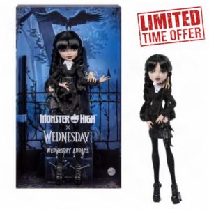 Monster High x Wednesday Addams Doll in Black Dress                                                          Collector Wednesday Doll in Collared Dress with Matching Stockings and Accessories like Thing and Purse