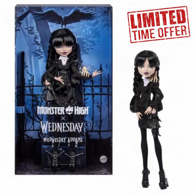 Monster High x Wednesday Addams Doll in Black Dress                                                          Collector Wednesday Doll in Collared Dress with Matching Stockings and Accessories like Thing and Purse