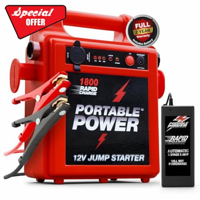 Portable 12V Jump Starter 10-Min Recharge for Diesel & Petrol Engines                                                          Portable power pack with durable 80cm copper cables – starts up to 50 engines per charge; emergency power for cars & lorries.