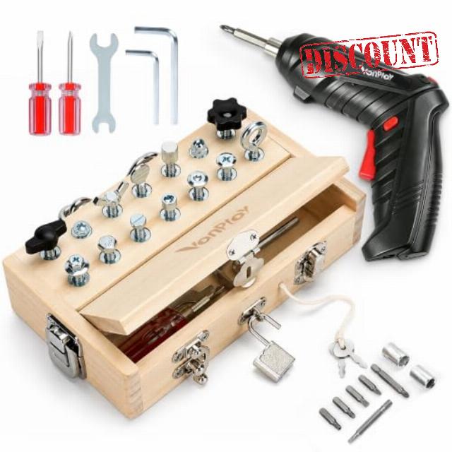 Vanplay Montessori Toys for 3 4 5 Year Olds with Electric Drill                                                          Montessori Screwdriver Board Set with Lock and Key - Kids Tool Set for Toddlers Travel