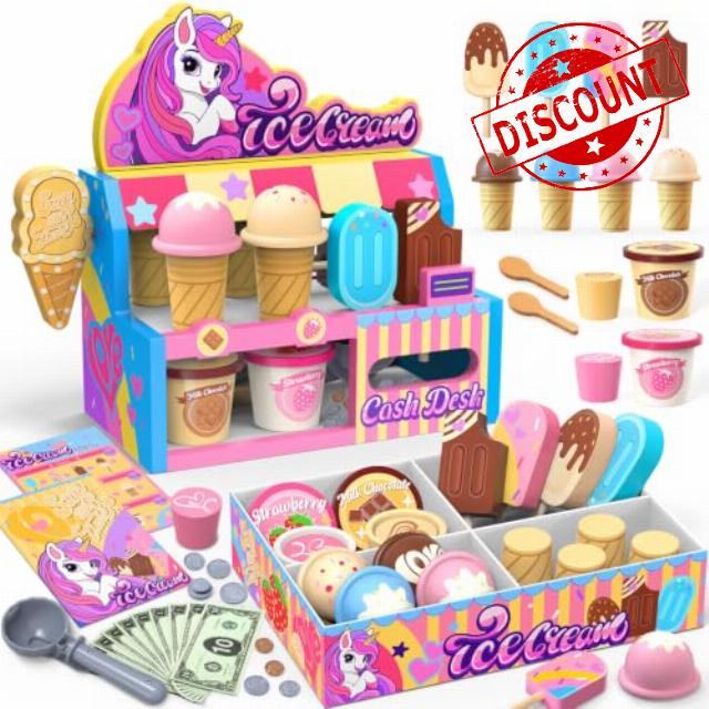 Unicorn Wooden Ice Cream Counter Toys for Girls Age 3 4 5 6 7 8 9 10 11 12