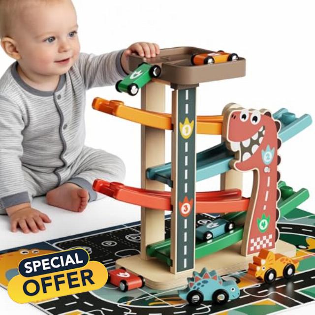 Montessori Car Ramp Toy for Toddlers 1 2 3 Year Old Wooden Dinosaur Race Track with 6 Cars & Parking Garage Kids Play Cars & Race Cars Birthday for 1-3 Boys Girls Baby Motor Skills Toy