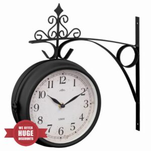 ightclick || Outdoor Dual Sided Station Clock | Vintage Wall Mounted Garden Clock with Thermometer | Weather Resistant Double Sided Railway Style Clock for Patio