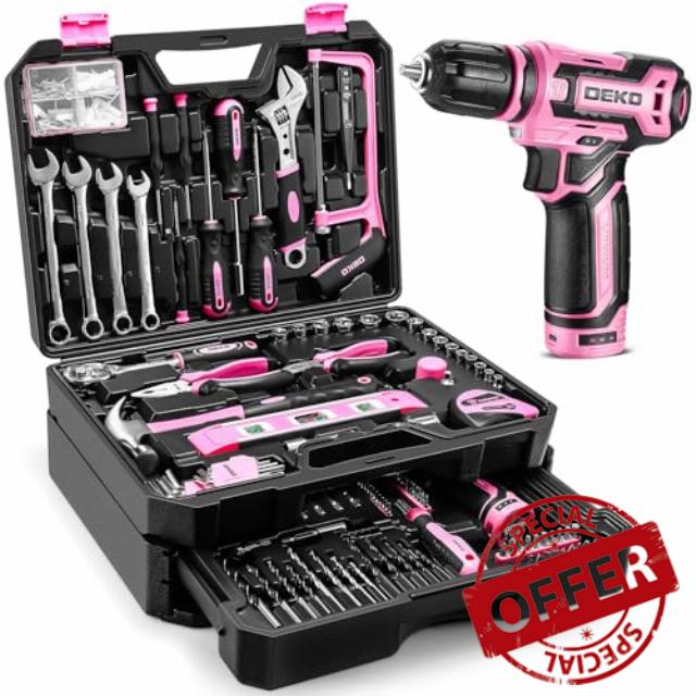Pink Tool Kit Box Drill Set: DEKO 238 Pieces Home Mechanic Toolbox with 12V Power Cordless Drill Hand Repair Tools Sets Combo Kits Storage Organizer Drawer Case for Wome