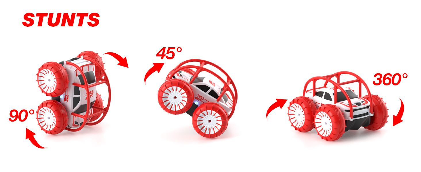 Three red stunt cars demonstrating different rotation capabilities: 90°, 45°, and 360°. Cars have large wheels and compact bodies designed for tricks.