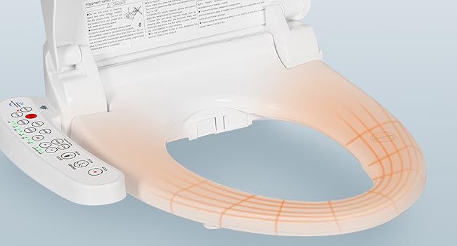 Open electronic toilet seat with control panel. White design featuring a lid, seat, and built-in bidet nozzle visible in the bowl.