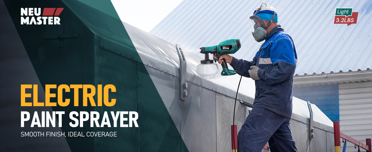 Text reads 'PAINT MASTER', 'ELECTRIC PAINT SPRAYER', 'HVLP AIRLESS COMPRESSOR'. Worker in blue clothing and hard hat using electric paint sprayer on exterior surface.