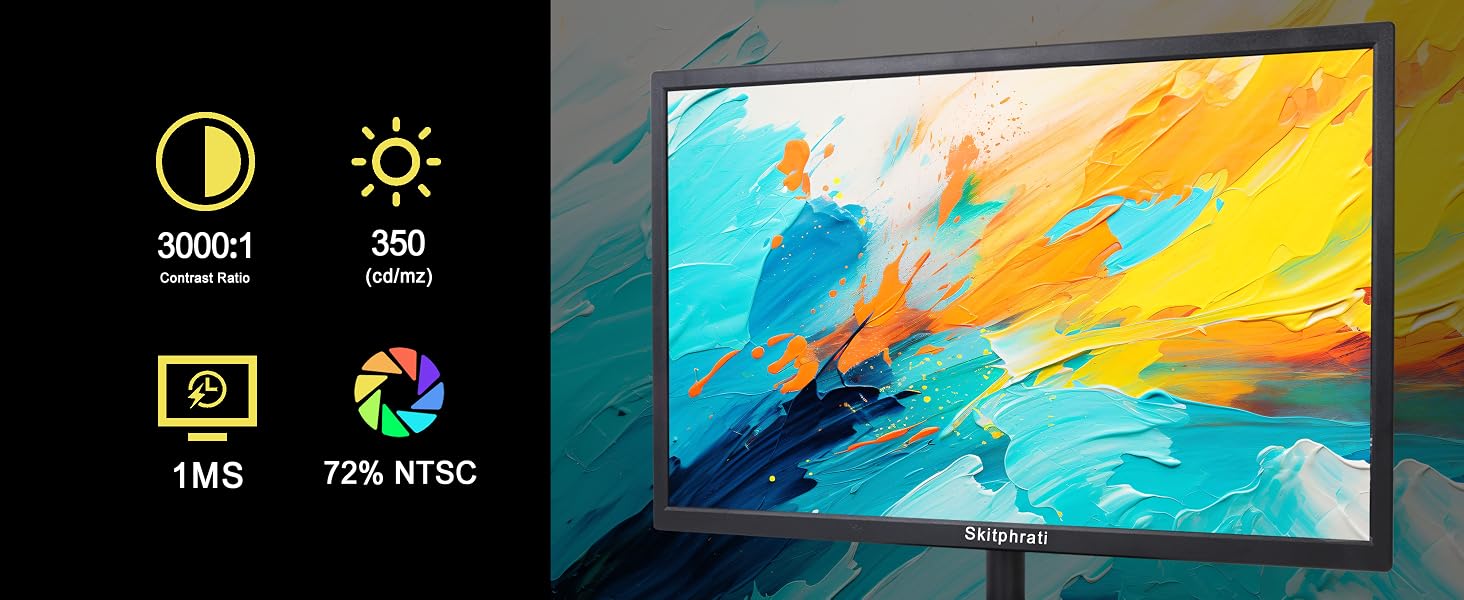 Text reads '30GB 3200', '360GB', '1TB', '272 MTBF'. Split display showing specifications on left and colorful abstract beach/ocean painting on digital screen right.