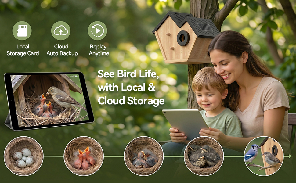 Text reads 'Natural Wood, Moisture-resistant & Easy to Clean' with icons for 'Drainage Hole', 'Predator Proof', and 'Easy to Clean'. Composite showing wooden birdhouse in natural daylight and nighttime views with interior drainage system.