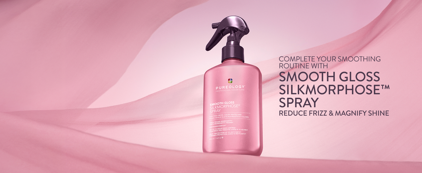 Pink spray bottle on pink gradient background. Text reads 'SMOOTH GLOSS' and 'SHINE SPRAY' with additional product text partially visible.