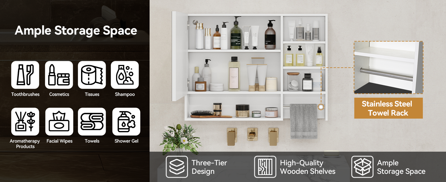 Text reads 'Ample Storage Space' with 8 icon symbols. Minimalist shelving unit displaying cosmetics, skincare bottles, and organized personal care products.
