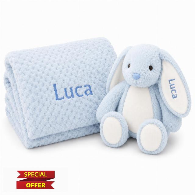 Personalised Baby Blanket and Bunny Gift Set