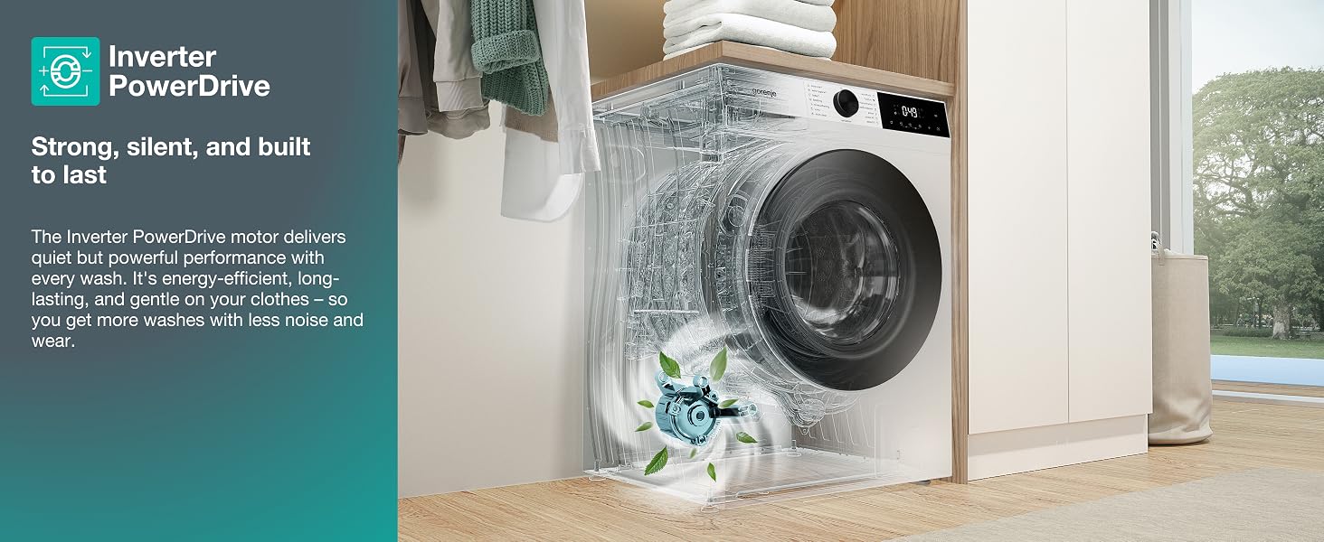 Text reads 'Inverter PowerDrive' and 'Strong, silent, and built to last'. Front-loading washing machine with transparent door showing water and laundry inside, positioned in bright kitchen with window.
