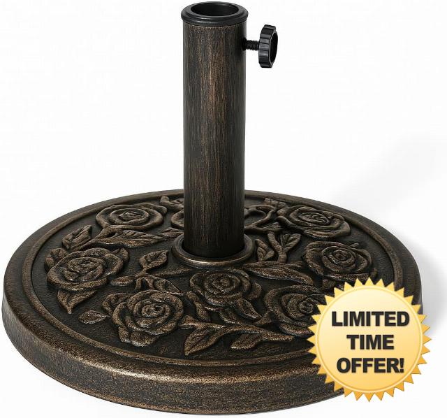 KARRMA 9kg Cast Iron Effect Parasol Base with Floral Pattern                                                          Heavy Duty Garden Patio Umbrella Stand - Adjustable Pole Holder with Tightening Knob | Outdoor Furniture Umbrella Base