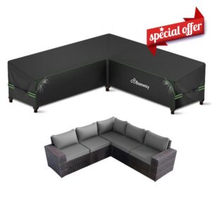 BEEWAY L Shaped Garden Furniture Corner Sofa Cover Waterproof 255x255x87cm | 420D Oxford V Shape Outdoor Patio Rattan Corner Sofa Cover with Air Vent & Windproof Straps | All-weather Protectio