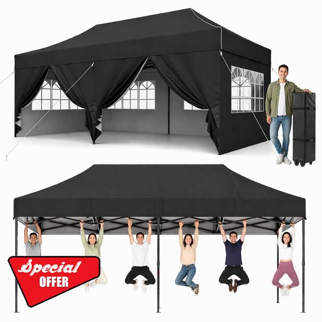 Pop Up Gazebo 3m x 6m Heavy Duty with Sides 6x3 Waterproof Party Tent Black                                                          3m x 6m pop up gazebo with sides