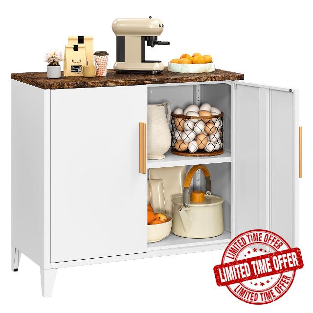 Sightlife Metal Storage Cabinet Metal Cabinets with 2 Doors Storage Cupboard with Adjustable Shelf White Coffee Bar Table Accent Cabinet for Home Office Entryway Patio 76X80X40cm