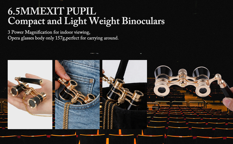 Text reads 'ARONCENT OPERA GLASSES' and 'Various colors and colors available.' Opera glasses product display showing theatrical performers on left, multiple color variations and styling options of ornate binocular-style opera glasses on right.