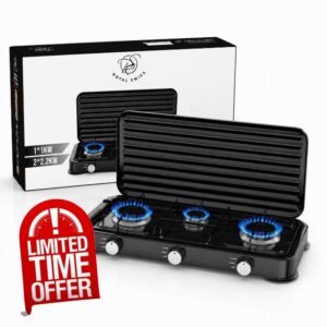 Royal Swiss 3 Burner Gas Cooker Black LPG Die-Cast Aluminium Burner Safety Ignition 1x1kW and 2x2kW