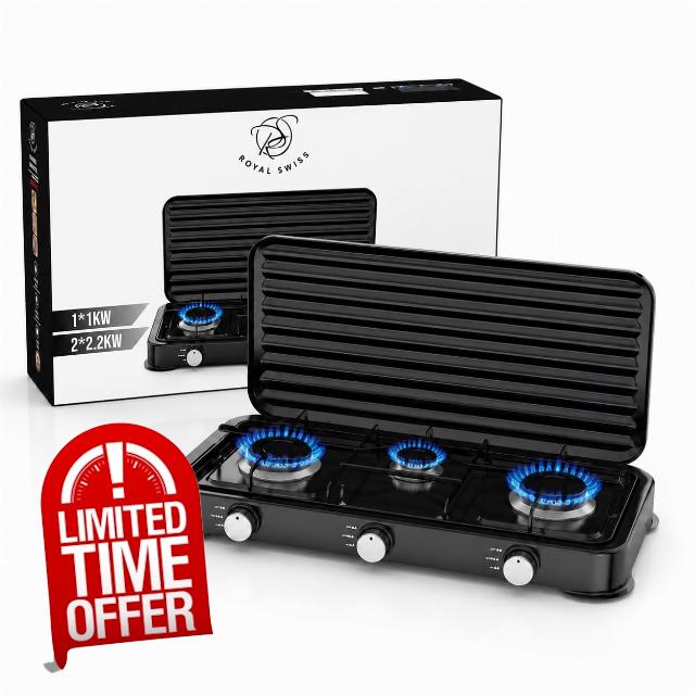 Royal Swiss 3 Burner Gas Cooker Black LPG Die-Cast Aluminium Burner Safety Ignition 1x1kW and 2x2kW