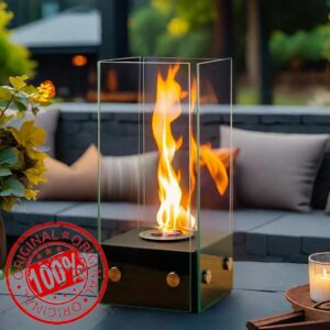 JHY DESIGN Black 35cm Tall Metal and Glass Fireplace Fire Bowl Pot Fire Pit | Firepit Tabletop Fireplace for Indoor Outdoor Patio Garde