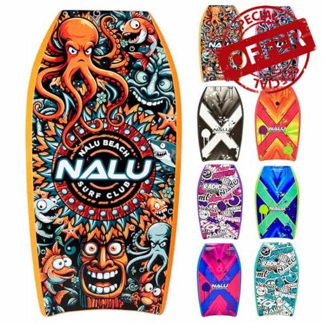 Nalu Bodyboard with Leash 33"/41" Body Board with Crescent Tail and XPE Core