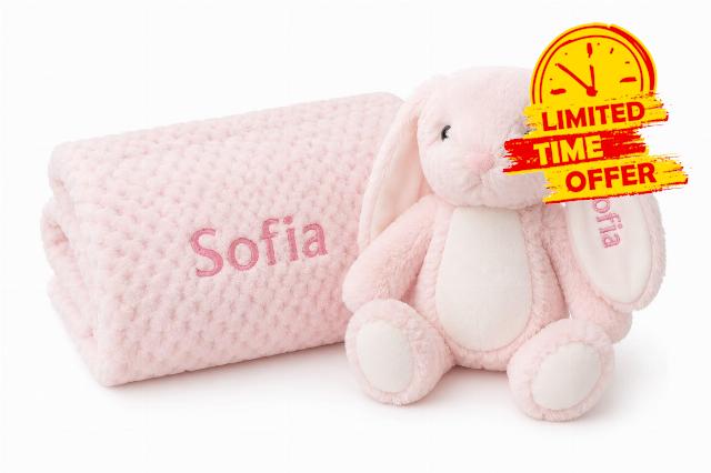 Personalised Baby Blanket and Bunny Gift Set