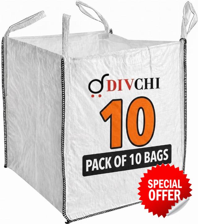 DIVCHI FIBC Bulk Builders Bags –1 Tonne Industrial-Grade Woven Material Storage Sacks with Handles | Durable umbo 1 Tonne Sacks with Handle Construction Garden & DIY Use 85 X 85 Heavy Duty