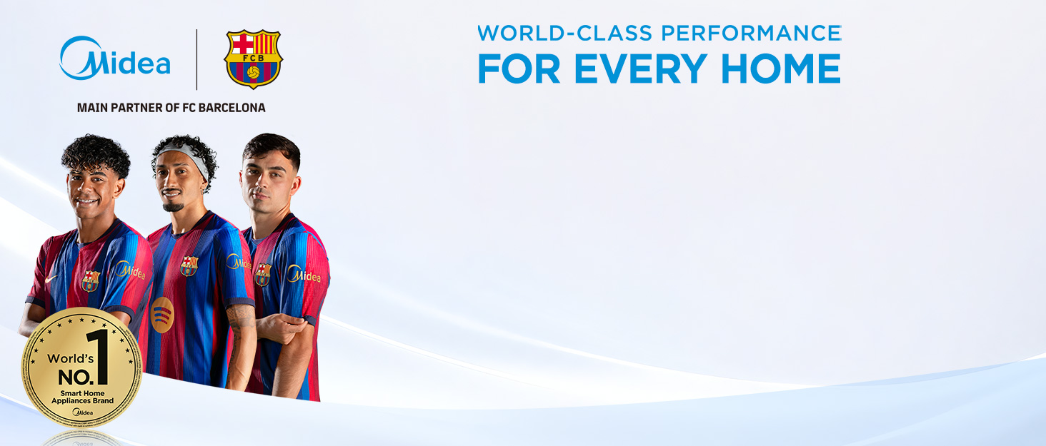 Text reads 'Midea', 'WORLD-CLASS PERFORMANCE', 'FOR EVERY HOME'. Three athletes in red and blue sports jerseys with a gold medal badge displayed.