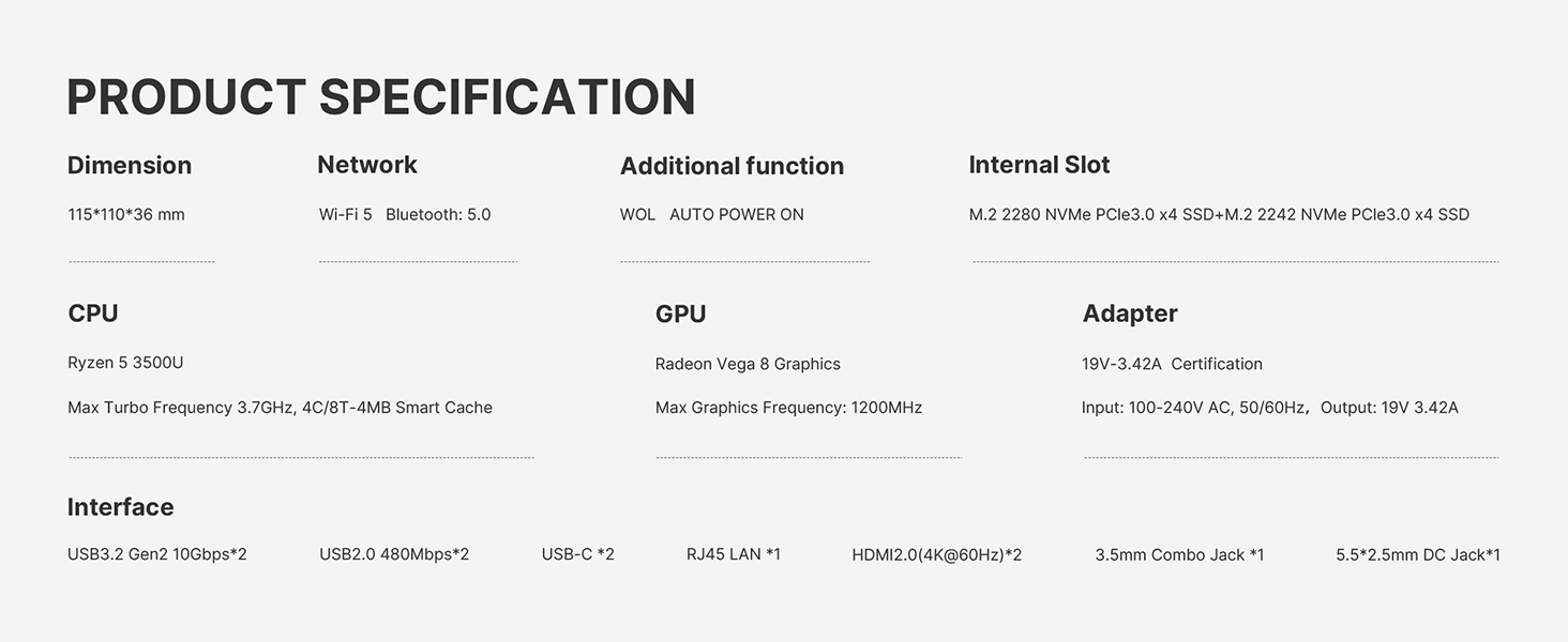 Product specification table with text including 'PRODUCT SPECIFICATION,' 'Dimension,' 'Network,' 'Additional function,' 'Internal Slot,' 'CPU,' 'GPU,' 'Interface,' and 'Adapter' with corresponding technical details and specifications.