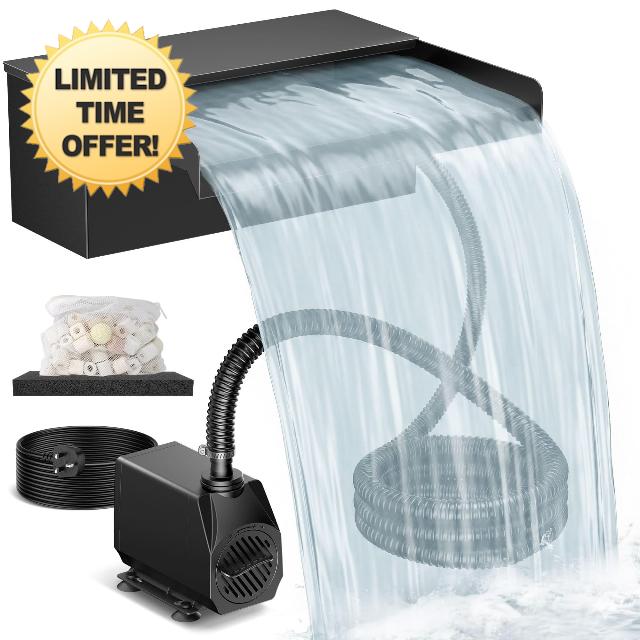 Biling Pond Waterfall Kit 8" with 2500Lph 2-Stage Filtration For Water Pond                                                          Energy-Save 40W Adjustable Flow Pump