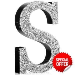 Qunclay 12'' Silver Crystal Diamond Bling Letters Crushed Diamond Decoration Wooden Glitter Letter with Screw and Hooks Rhinestone Gift for Wedding Y2k Mcbling Bedroom Wall Decor (Letter S)                                                          Wooden Base Metal Hook for Wall or Tabletop Display