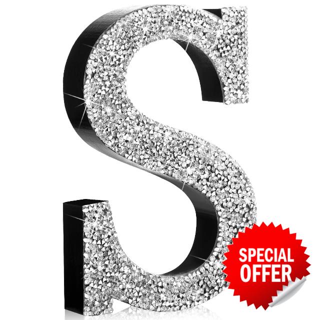 Qunclay 12'' Silver Crystal Diamond Bling Letters Crushed Diamond Decoration Wooden Glitter Letter with Screw and Hooks Rhinestone Gift for Wedding Y2k Mcbling Bedroom Wall Decor (Letter S)                                                          Wooden Base Metal Hook for Wall or Tabletop Display