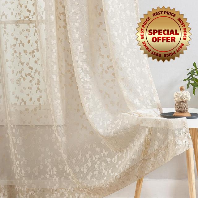 Jubilantex Beige Lace Sheer Curtains Embroidered Leaf Buds 84 Inches Long for Bedroom Textured Knitted Light Filtering Window Treatment Beige