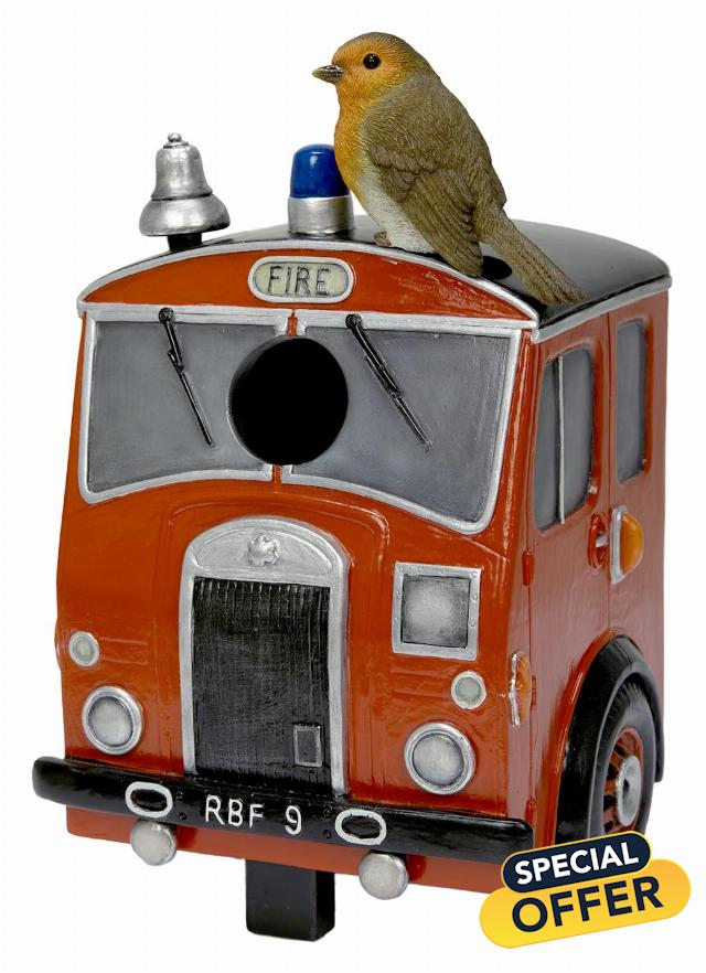 Vivid Arts Fire Engine Robin Birdhouse – Novelty Garden Nesting Box | Indoor & Outdoor Déco