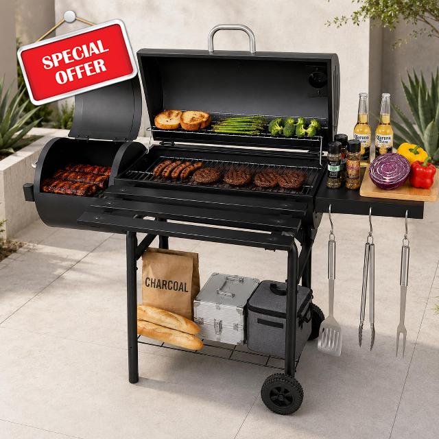 BBQ Grill 2-in-1 Charcoal Barbecue with Offset Smoker