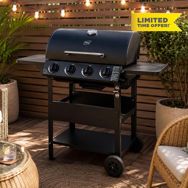 Neo 4 Burner Gas BBQ Grill with Regulator Included Side Shelves Warming Rack Bottle Opener Stainless Steel Outdoor Auto Ignitio
