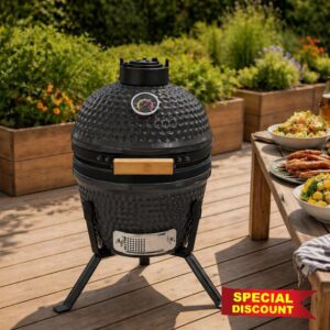 Neo Kamado 13" Ceramic Mini BBQ Grill Smoker Egg Charcoal Cooking Oven Portable Stand (Grey)