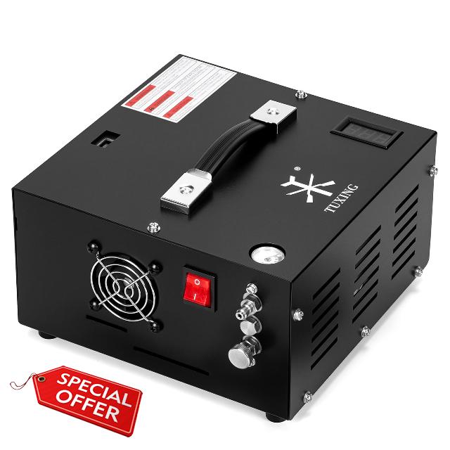 TUXING 4500Psi Pcp Air Compressor | 30Mpa 300Bar High Pressure Air Pump | Oil/Water-Free | Powered by Car 12V DC or Home 220V AC with Converter | Pump for PCP Air Rifle