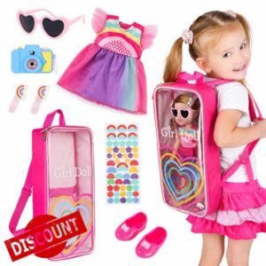 K.T. Fancy 14.5 Inch Doll Carrier Bag Set Clothes & Accessories | Rainbow Heart Backpack Set;Travel and Outdoor Play;14-14.5 Inch Girl Doll Storage (Doll Not Included)