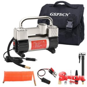 GSPSCN 12V Heavy Duty Tyre Inflator Metal Portable Air Compressor Pump | 6X Faster Inflation Dual Cylinders 150PSI Air Pump with Adapter for Car