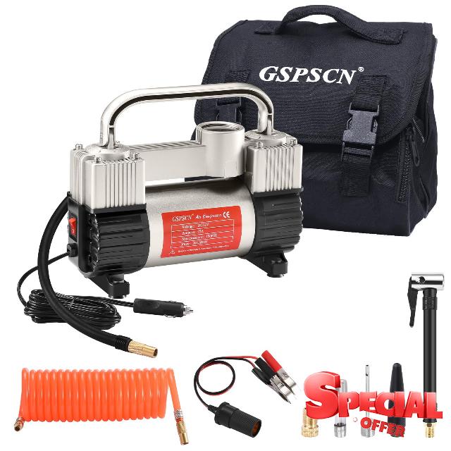 GSPSCN 12V Heavy Duty Tyre Inflator Metal Portable Air Compressor Pump | 6X Faster Inflation Dual Cylinders 150PSI Air Pump with Adapter for Car