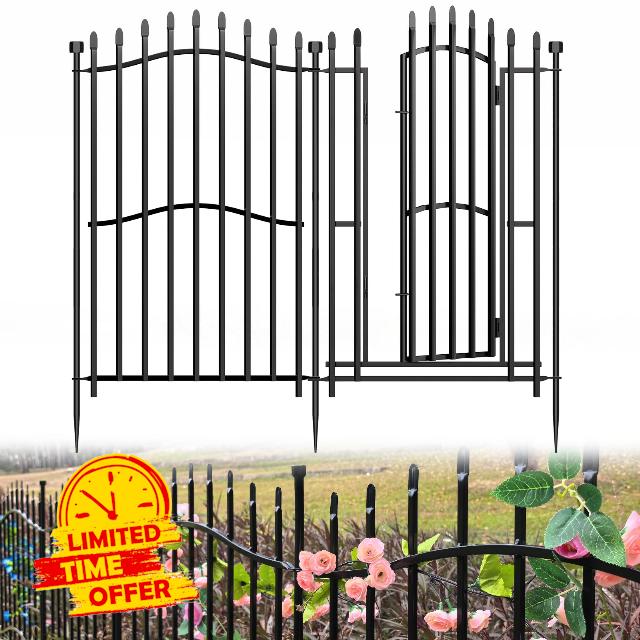 10 Panels No Dig Decorative Garden Fence with Gate - 102cm H x 7m L