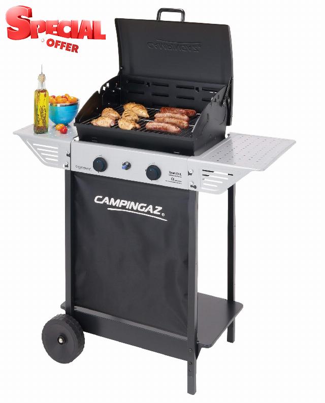 Campingaz Gas BBQ Xpert 100 L | Barbecue Gas Grill with powerful 2 Alloy Steel Burners | Lid with Thermometer | 7.1 kW Power | 2 foldable side tables