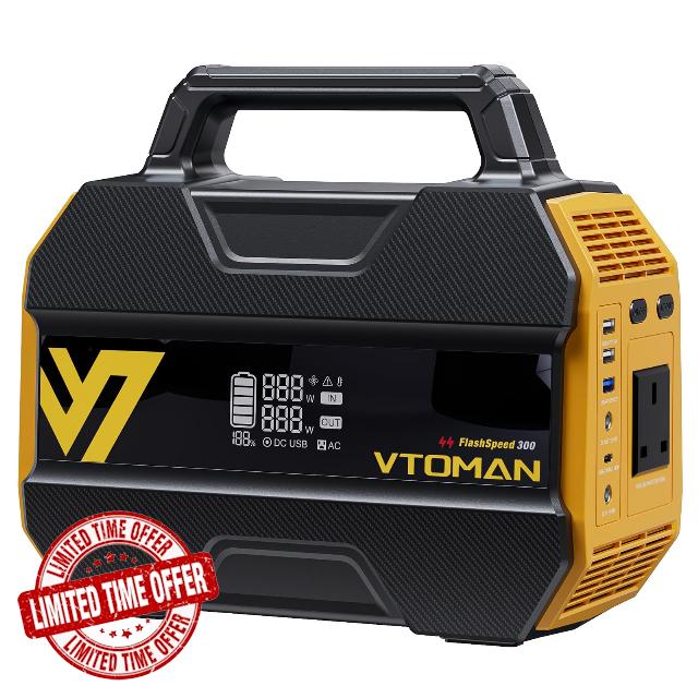 VTOMAN FlashSpeed ​​300 Portable Power Station – 230Wh LiFePO4 Battery | 300W AC Output (600W Peak) with Pure Sine Wave