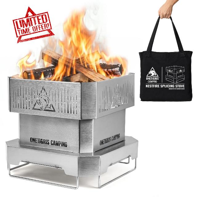 ONETIGRIS CAMPING NESTFIRE 11.8 Inch Portable Fire Pit With Grill Grate and Storage Bag | BBQ