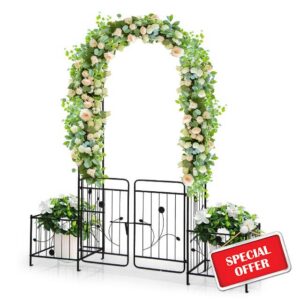 Garden Arch with Gate Garden Arbor with Planting Frame for Various Clim                                                          220cm rustproof metal