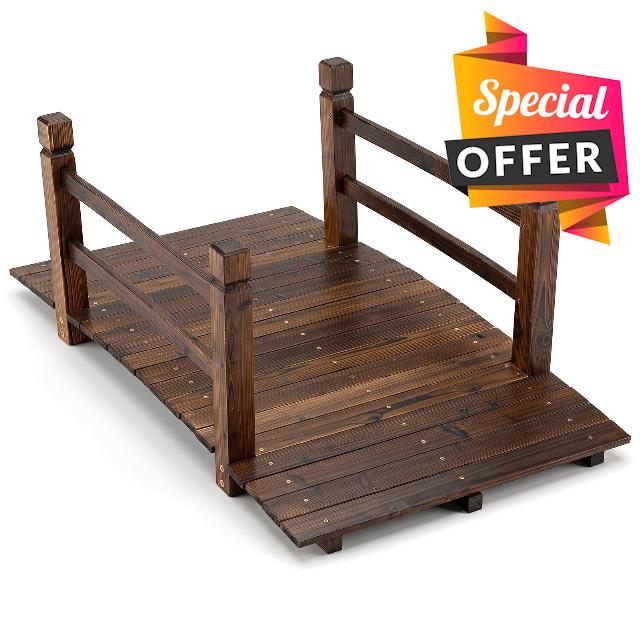 TANGZON 4FT/1.25M Wooden Garden Bridge with Safety Railings | Fir Wood Arch Footbridge