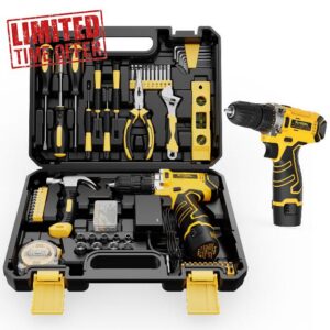 Sundpey 166-Piece Portable Small Home Tool Kit Set with 12V Cordless Drill                                                          Tool Box with Adjustable Wrench & Pliers & Hex Keys & Level