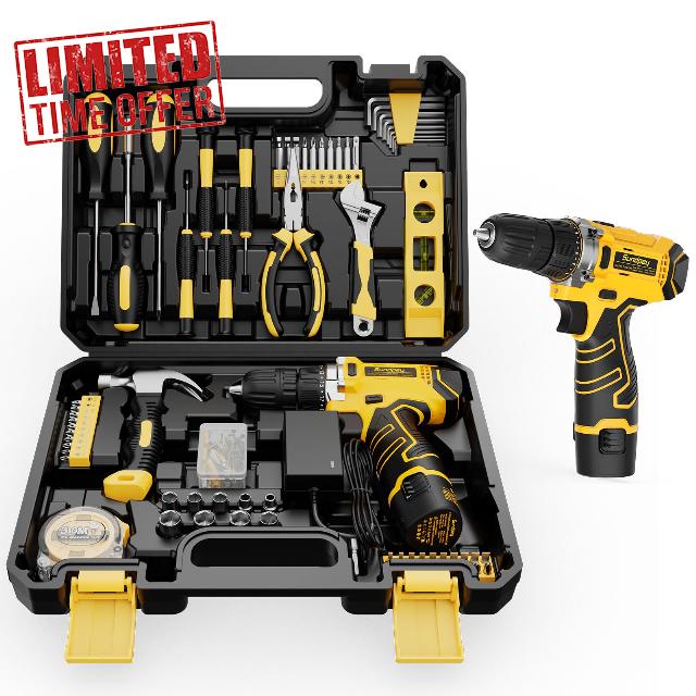 Sundpey 166-Piece Portable Small Home Tool Kit Set with 12V Cordless Drill                                                          Tool Box with Adjustable Wrench & Pliers & Hex Keys & Level